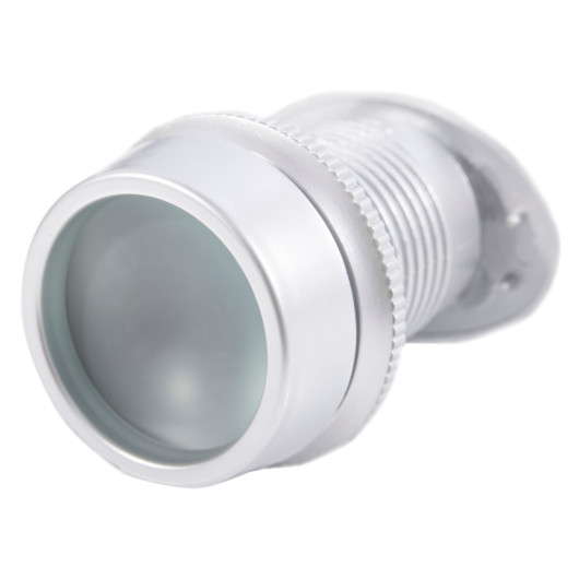 angled silver fire rated door viewer showing the lens and threaded body close up