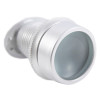 Close up view of a silver fire rated door viewer showing the lens and threaded mounting part