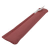 angled view of a long reddish astro pillow sausage flat with a textured fabric and a small tag attached
