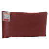 Front view of a small astro pillow in dark red fabric with a white label on the upper left corner