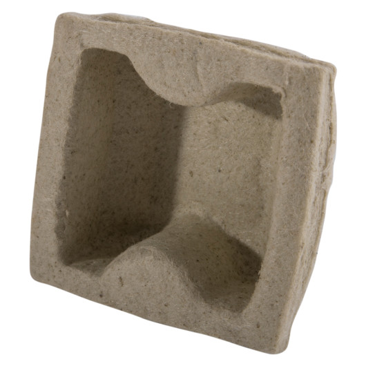 angled view of a single box insert made from a rough textured brown material with a contoured shape inside