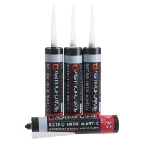 Four tubes of astroflame intumescent acoustic mastic with pointed nozzles shown together on a plain background