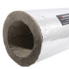 close-up of the end of a thermal pipe sleeve 114mm showing the insulation material inside and the outer silver layer