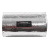 Front view of thermal pipe sleeve 127mm wrapped in reflective insulating material with a black product label in centre