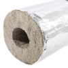 End view of a thermal pipe sleeve 34mm wrapped in reflective silver foil showing the insulation material inside