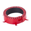 Front view of the astroflame 4hr intumescent pipe collar in red with securing clips and segmented design