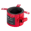 angled view of an astroflame 4hr intumescent pipe collar small in red with black inner lining and metal locking mechanism