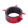 Front view of an astroflame 4hr intumescent pipe collar showing the red clamp and black inner lining