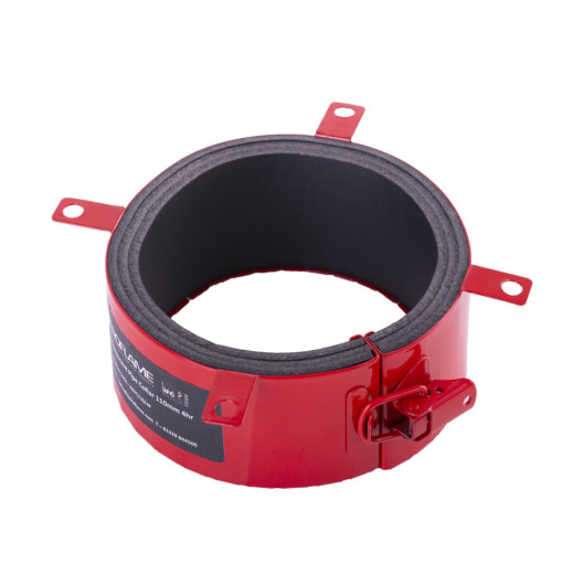 Front view of an astroflame 4hr intumescent pipe collar showing the red clamp and black inner lining