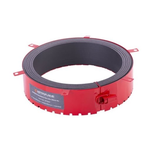 Astroflame 4hr intumescent pipe collars large shown at an angle with a red metal outer ring and black inner lining
