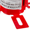 Closeup of red astroflame 4hr intumescent pipe collar 32mm showing label and mounting bracket
