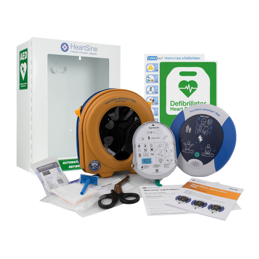 Silver bundle includes heartsine samaritan pad 360p, carry case, wall cabinet, prep kit, and signage
