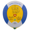 Front view of the heartsine samaritan pad 350p trainer showing instructional diagrams on yellow and blue casing