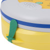 Green pad pak tag attached to the heartsine samaritan pad 350p trainer showing part of its yellow and white casing