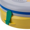 bottom view of the heartsine 360p trainer unit showing yellow and grey casing with a green clip