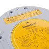 Closeup of the back of a heartsine 360p trainer unit showing the yellow Trainer-Pak and product labels