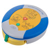 angled view of the heartsine 500p trainer unit showing its circular shape and coloured top panel with simple graphics