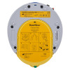 Back view of the heartsine 500p trainer unit showing the yellow Trainer-Pak cover with instructions and labels