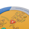 Closeup top of the Heartsine 500p trainer unit showing part of the instructional diagram on the yellow surface