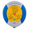 Front view of heartsine 500p trainer unit showing a yellow and blue device with medical instruction illustrations