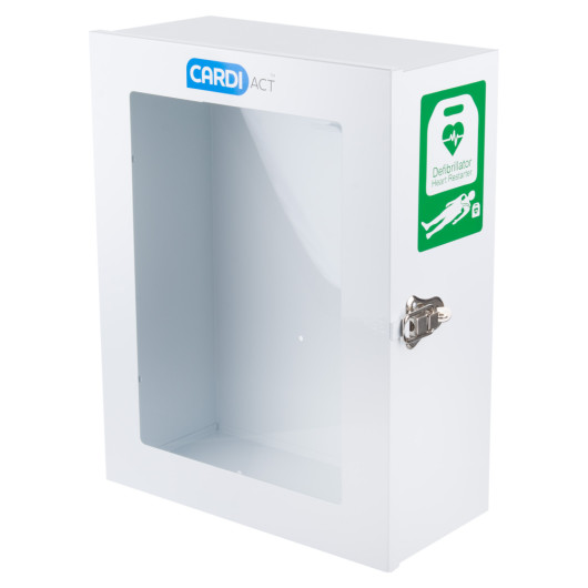 heartsine white internal cabinet shown from an angled view with a clear front panel and locking mechanism