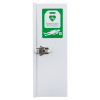 side view of a Heartsine white internal cabinet with a green defibrillator sign and metal latch