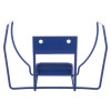 Back view of a blue Heartsine Samaritan pad defibrillator wall bracket made of metal wire frame