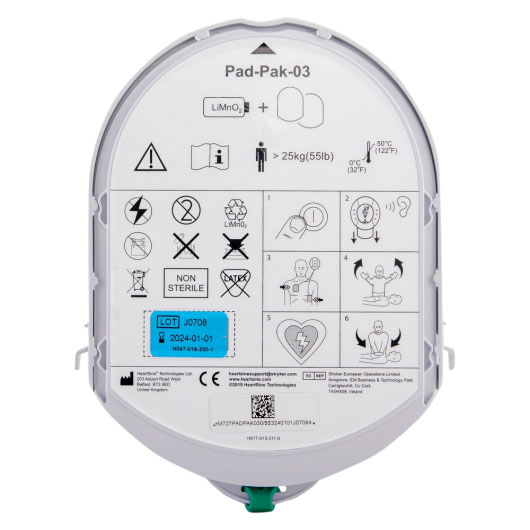 a straight front shot of the HeartSine Samaritan Pad-Pak showing the technical data and pictorial instructions on how to use the AED, perform CPR and positioning of the electrodes