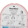 Top view of heartsine samaritan paediatric pak pads with labelled instructions and weight limit information