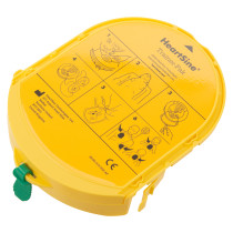 angled view of the yellow heartsine trainer pak rewind mechanism with printed usage instructions on the cover