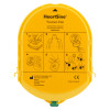 Front view of the yellow heartsine trainer pak rewind mechanism showing instructional diagrams and branding text