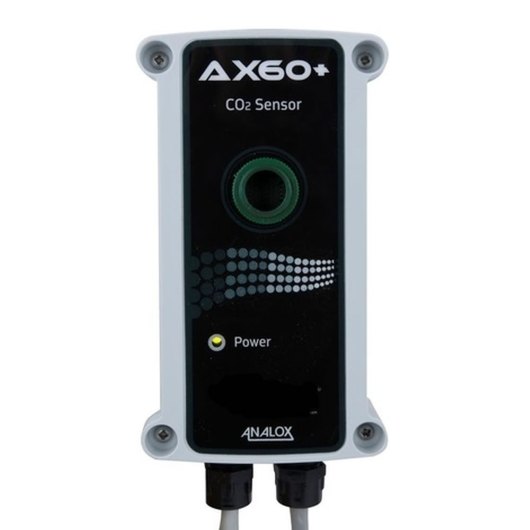 Front view of the Analox AX60 CO2 sensor showing the main panel with a central circular feature and power indicator light