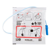 A front image of the Schiller FRED Easy adult defibrillator pads showing pictorial images on how to use and place the pads during an emergency