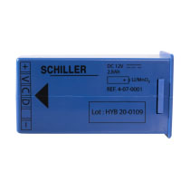 a side shot of a blue rectangular battery with black writing stating the manufacturers name schiller and the lot number and the type of lithium battery 