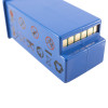 schiller fred easy battery showing a close-up of the blue connector with safety symbols on the side