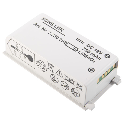 schiller fred easyport battery shown at an angle with visible labels and symbols on the white casing