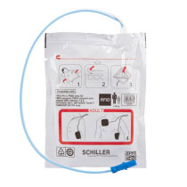 a front shot of the Schiller FRED Easyport adult defibrillator pads showing pictorial instructions on how to use the electrodes