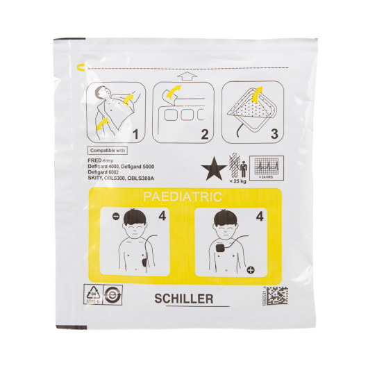 front of a schiller fred easy paediatric pads packet showing usage instructions and diagrams for placement on a child