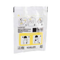 schiller fred easyport paediatric defibrillator pads packet shown at an angle with application instructions and illustrations