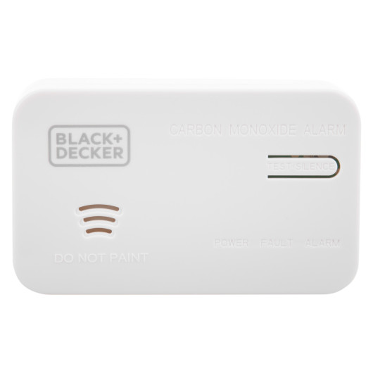front view of black and decker carbon monoxide alarm showing logo and labels on a white background