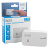 black and decker carbon monoxide alarm shown with its packaging box and front view of the device