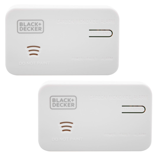 front view of two black and decker carbon monoxide alarms in a twin pack with brand and control details visible