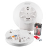 black and decker mains powered kitchen heat alarm showing alarm unit base plate 9v battery and mounting screws