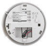 Back view of black and decker mains powered smoke alarm showing connection points and product label with instructions