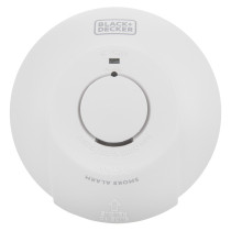 Front view of black and decker mains powered smoke alarm showing central button and brand logo