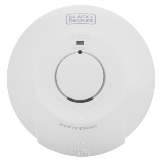 Front view of black and decker mains powered smoke alarm showing central button and brand logo