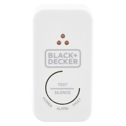 Front view of the black and decker connected 10yr battery carbon monoxide alarm showing controls and logo