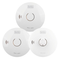 Three white BLACK+DECKER alarms, two labelled as smoke alarms and one as a heat alarm, each with a central sensor and minimalist circular design.