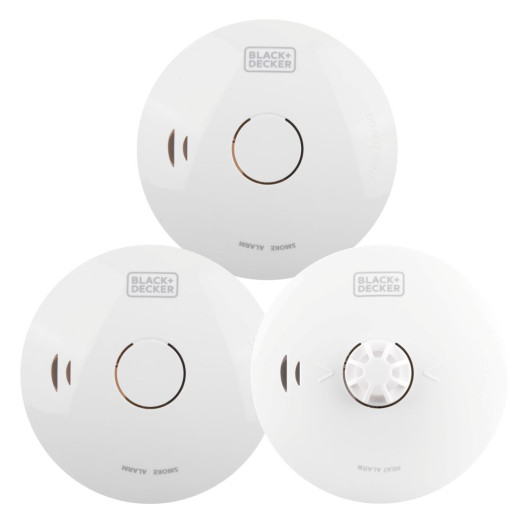 Three white BLACK+DECKER alarms, two labelled as smoke alarms and one as a heat alarm, each with a central sensor and minimalist circular design.
