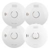 Four circular BLACK+DECKER alarms, three smoke alarms and one heat alarm, each featuring a central test button and sensor with simple white casing.